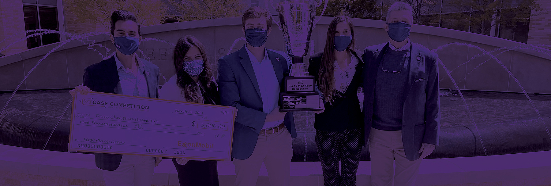 Section Image: Big 12 Case Competition winning team with check and trophy 