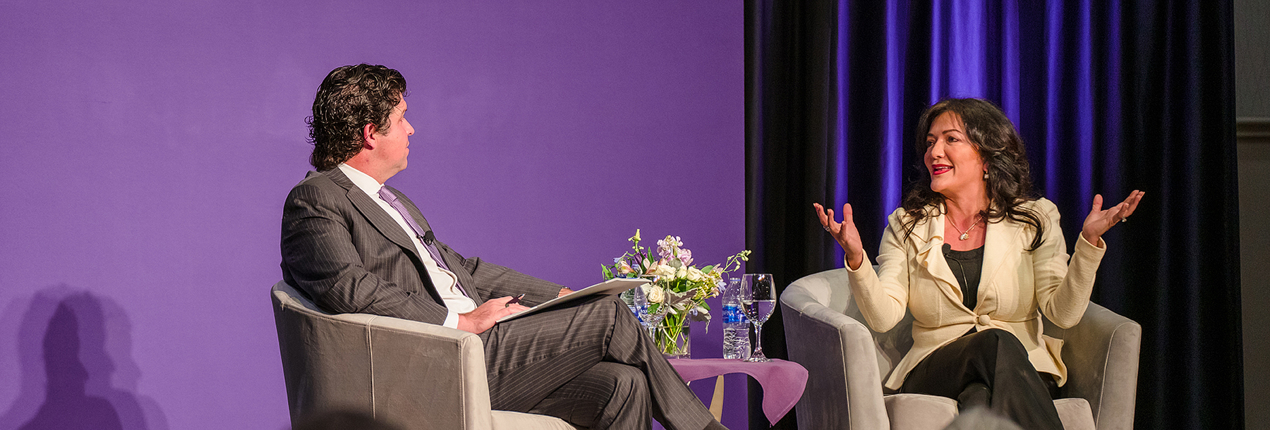Section Image: Daniel Pullin and Nina Vaca on the stage at the Tandy Executive Speaker Series 