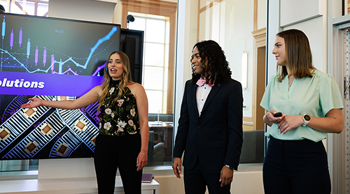 Group of students presenting in the Rees Jones Incubator Lab 