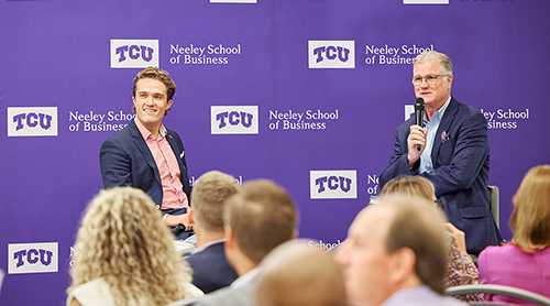 Section Image: Benji Backer and Michael Slattery on stage in the Hays Banquet Room during the Energy Summit 