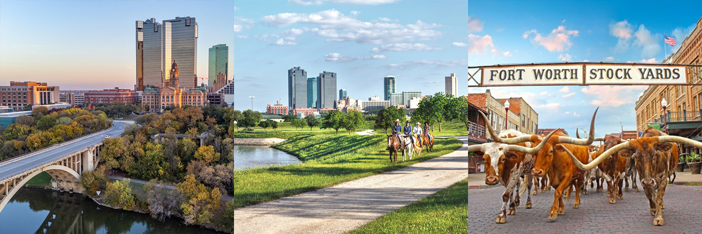 Fort Worth skyline, Trinity River and the FW Herd in the stockyards