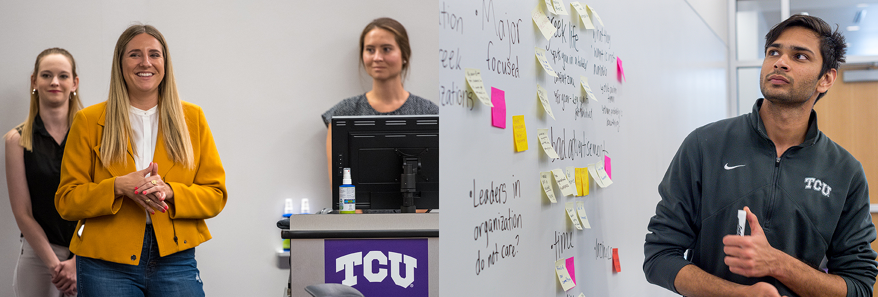 Section Image: Three female students giving a presentation, a student standing at a white board with writing and post-it notes. 