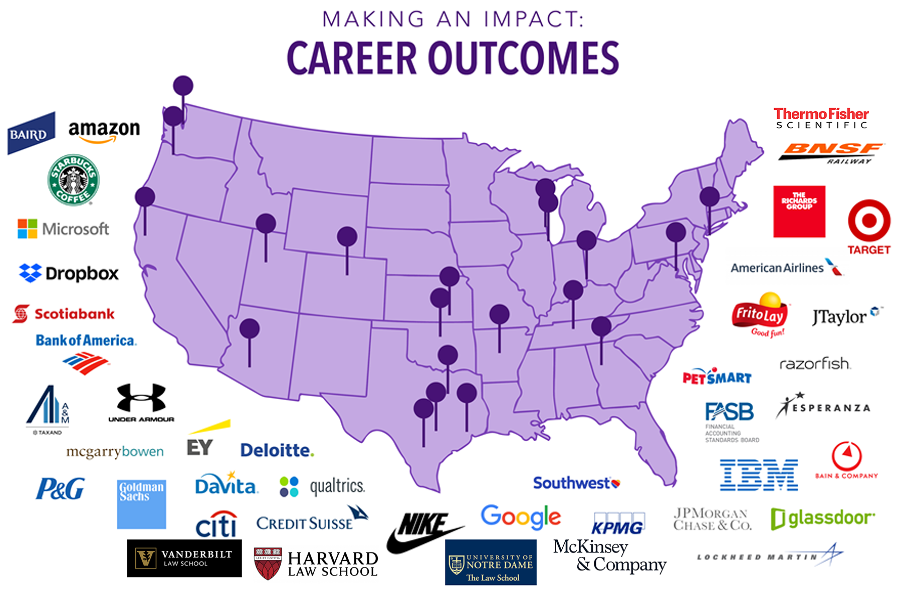Making an Impact: Career Outcomes - USA map with placement pins and company logos