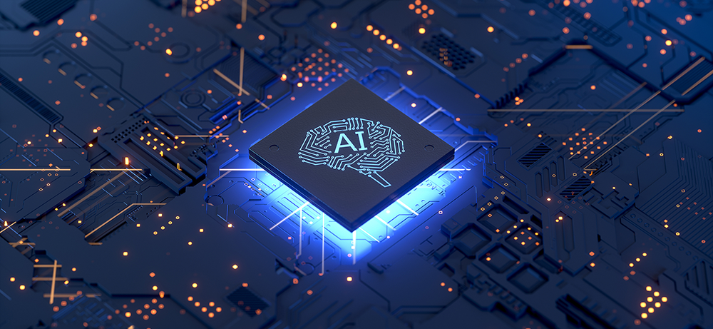 Section Image: Blue and black background with a square lit up in the center with a Brain and the words AI in the center 
