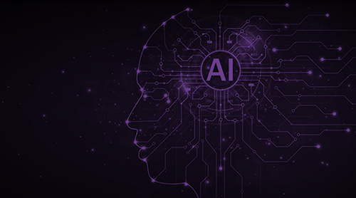 Blue and black background with a square lit up in the center with a Brain and the words AI in the center 