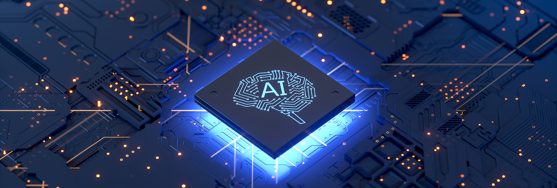 Section Image: Blue and black background with a square lit up in the center with a Brain and the words AI in the center 